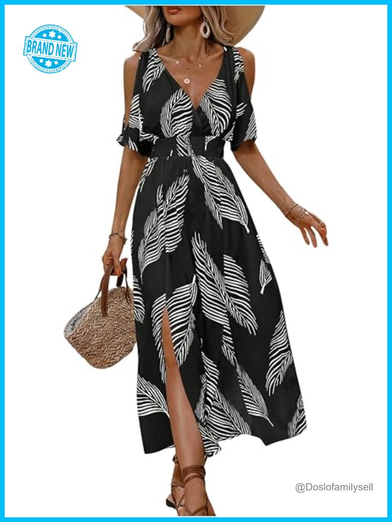 Hawaiian Maxi Dress Tropical Cold Shoulder Sundress